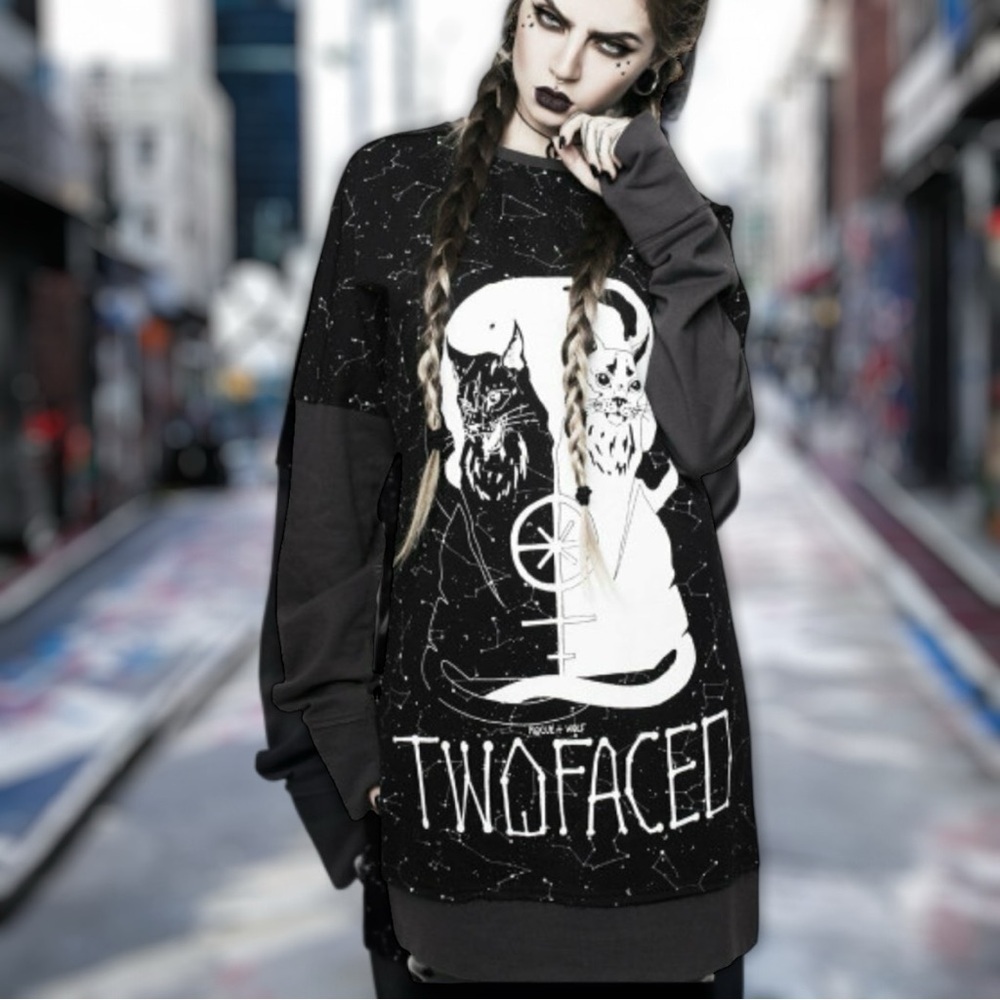 Rogue & Wolf Two Faced Black White Cats Constellation Tunic Sweatshirt Size L